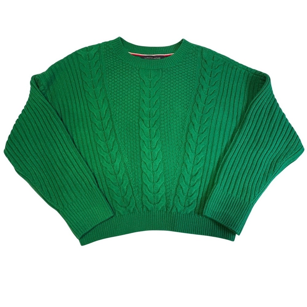 Tommy Hilfiger Cable Knit Sweater Womens Small Green Relaxed Cropped Pullover